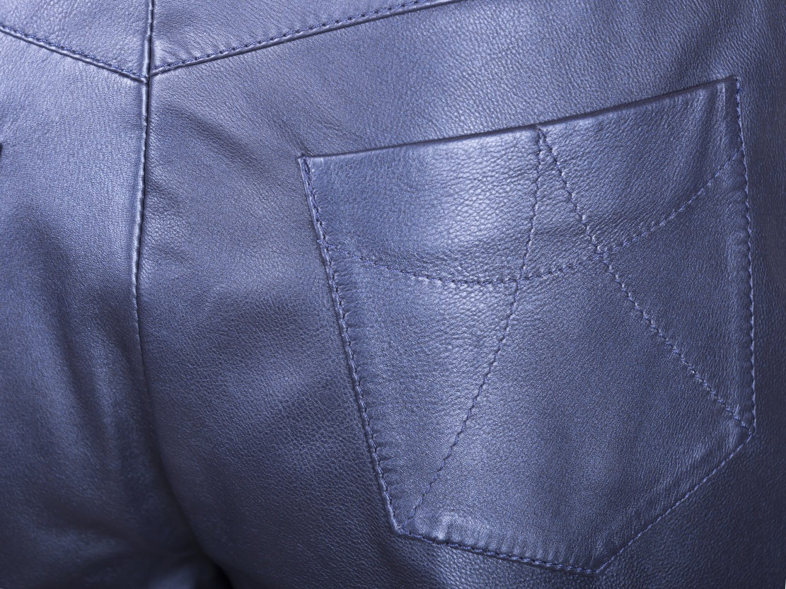 Jeans Blue Leather Bootcut Pants by MR. Riegillio